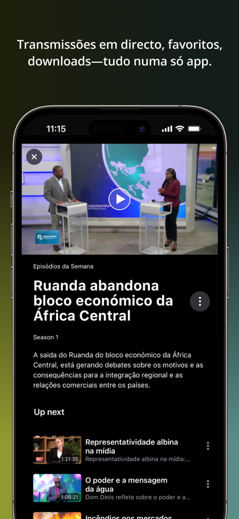 STV Play - STV Play app interface showing a news broadcast in Portuguese with a list of upcoming videos.