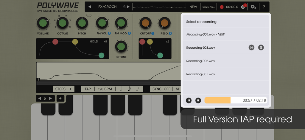 PolyWave - PolyWave app interface showing a list of saved audio recordings with a notification for full version in-app purchase