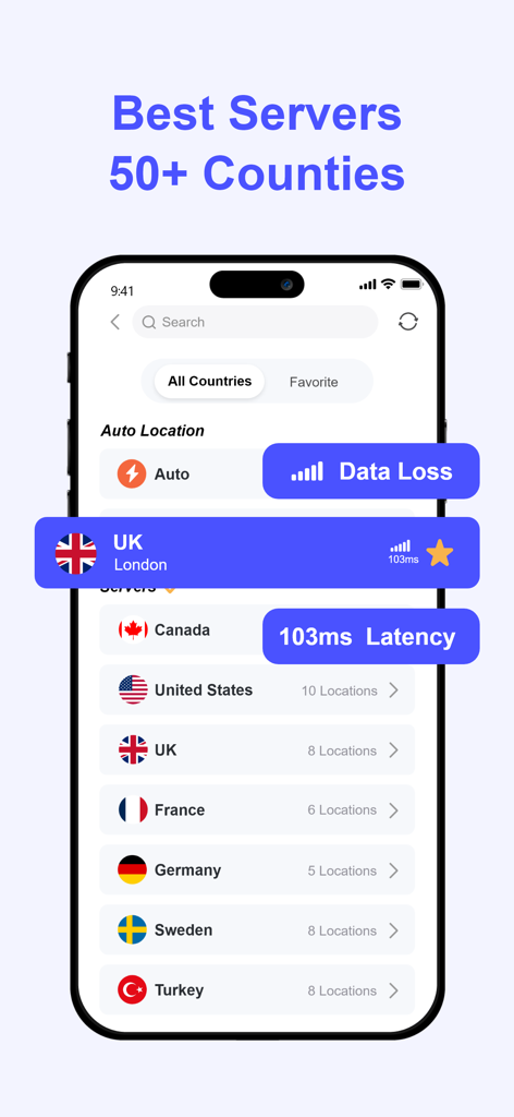 PlatoVPN Pro: Fast, Stable VPN - PlatoVPN Pro app interface showing a list of global server locations including the UK US and Canada with performance metrics