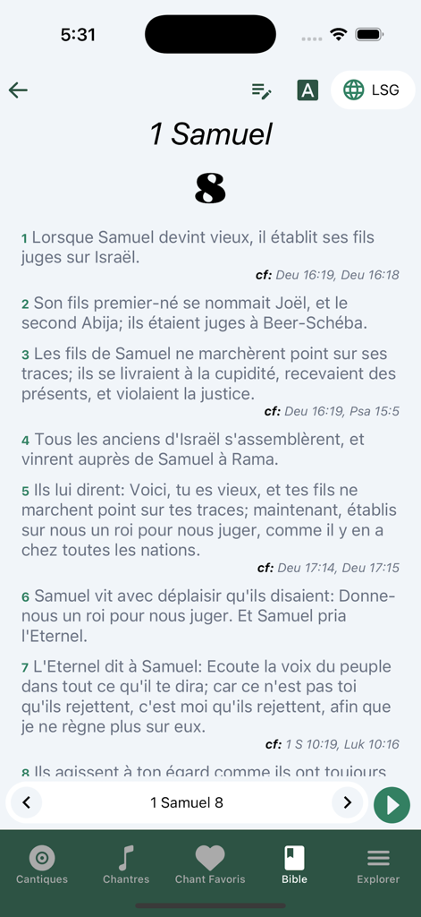 Joy of Mission聖書アプリで、フランス語のサムエル記第1章8節を相互参照と共に読んでいる