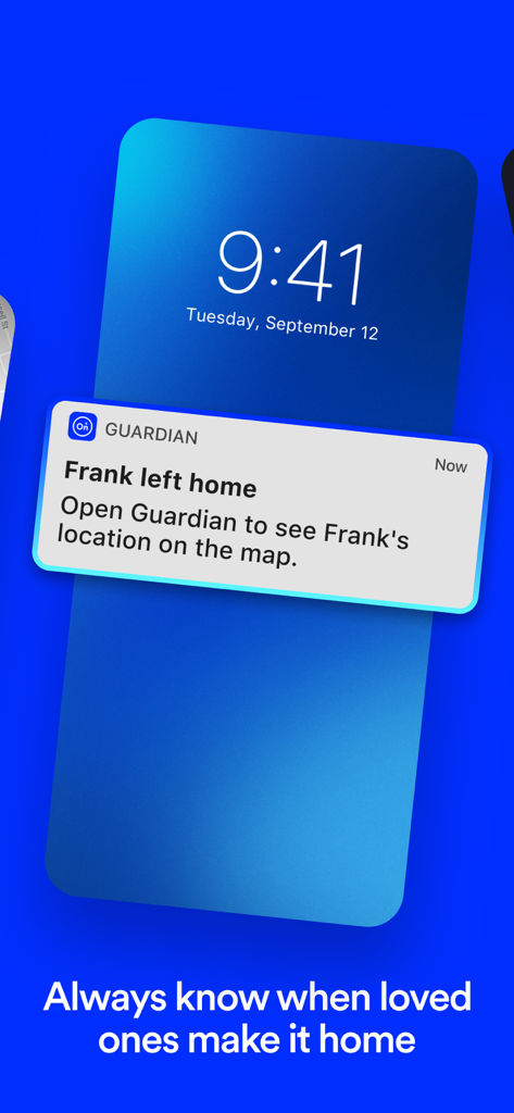OnStar Guardian: Safety App - Smartphone notification from OnStar Guardian app showing a family member leaving home for location tracking.