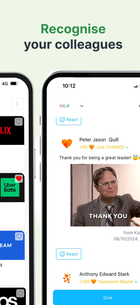 MELP.com - Interface of the MELP mobile app showing a digital recognition feed where employees can thank and reward their colleagues