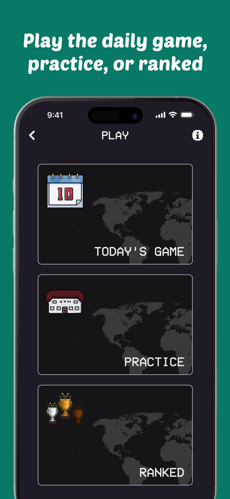 MapGame! - MapGame app menu featuring Today's Game Practice and Ranked modes