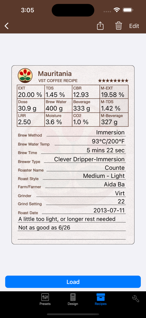 Professional coffee recipe log showing extraction metrics and immersion brew settings