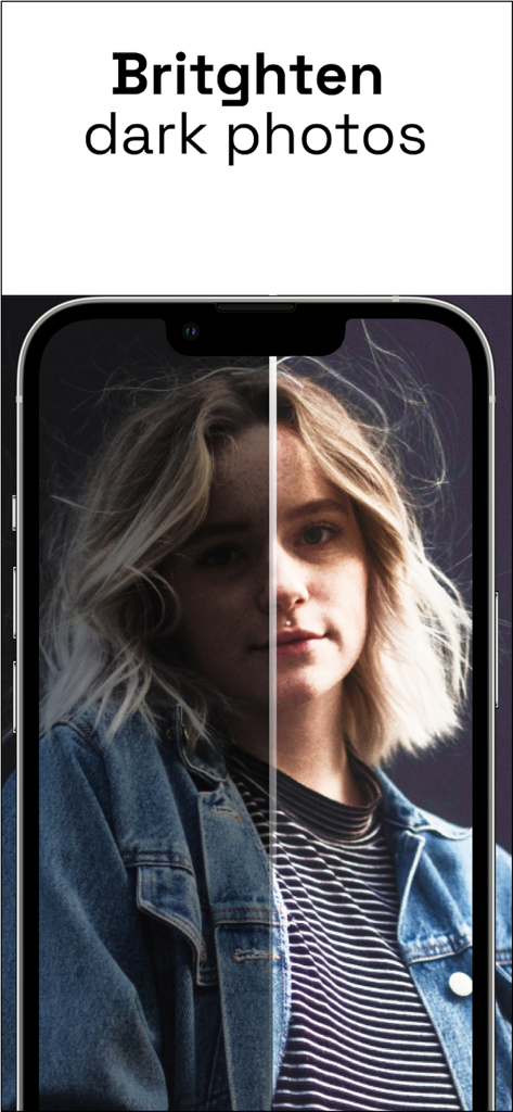 A before and after split screen comparison showing a dark portrait photo brightened using the NeuralPix AI tool.