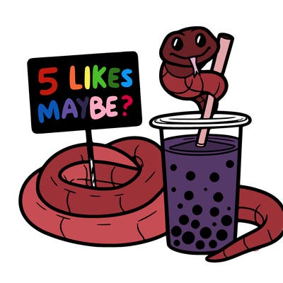a yellow snake curled around boba tea 🧋 next to the snake is a sign that says 5 likes maybe