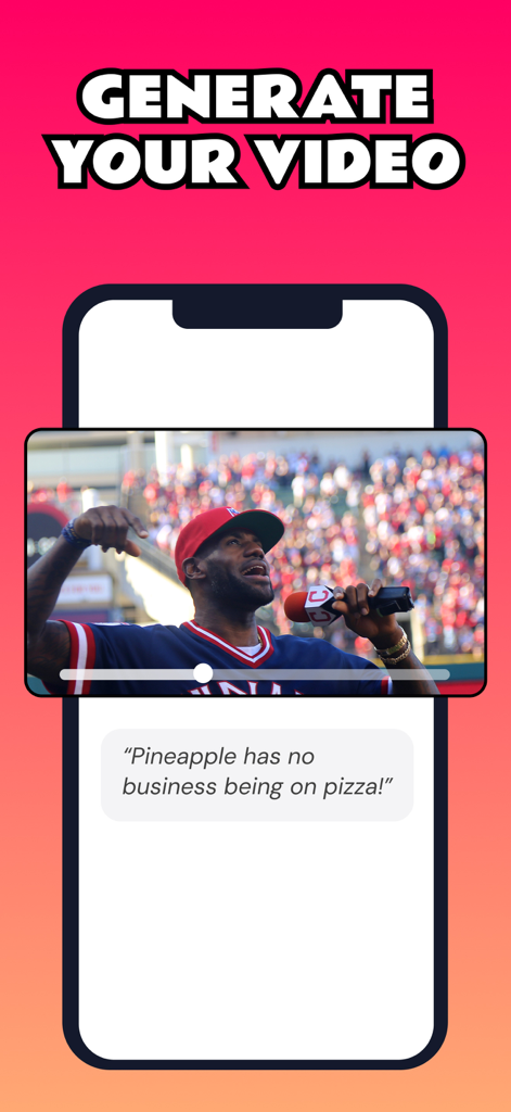 Parody AI - Funny Video Maker - A mobile app interface for generating parody videos showing a celebrity figure with a humorous caption about pineapple on pizza.