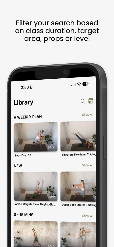 Shape Pilates London app library showing workout classes and filter options for duration and props.