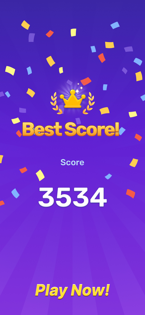Block-Tok: Puzzle Game - Block-Tok Puzzle-Spiel Best-Score-Bildschirm mit einem Highscore von 3534, einer goldenen Krone und Konfetti-Feier
