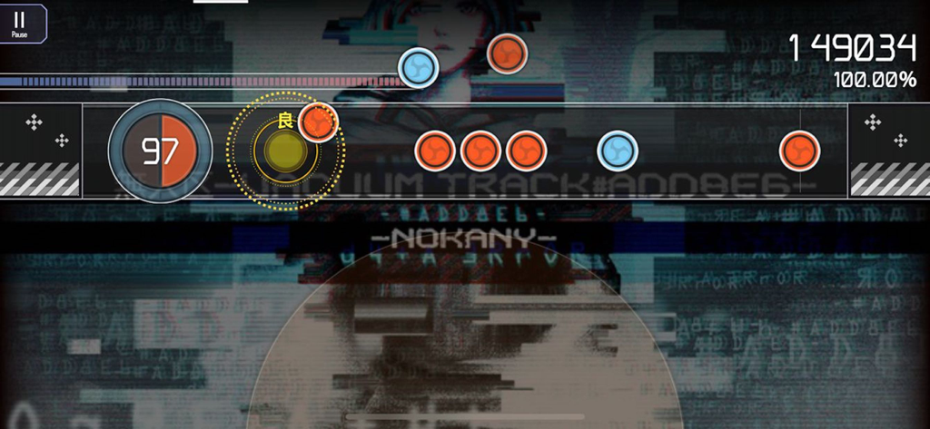 Malody rhythm game gameplay showing the taiko mode with circles and a score counter