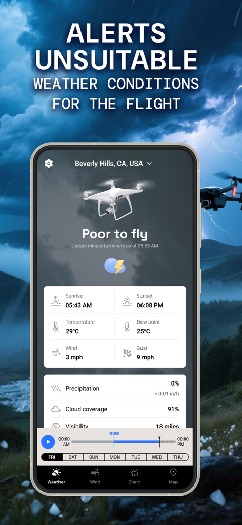 Smartphone app displaying poor to fly status with detailed weather alerts for drone pilots.