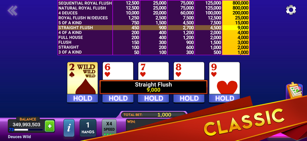 Deuces Wild video poker classic gameplay showing a straight flush winning hand and paytable
