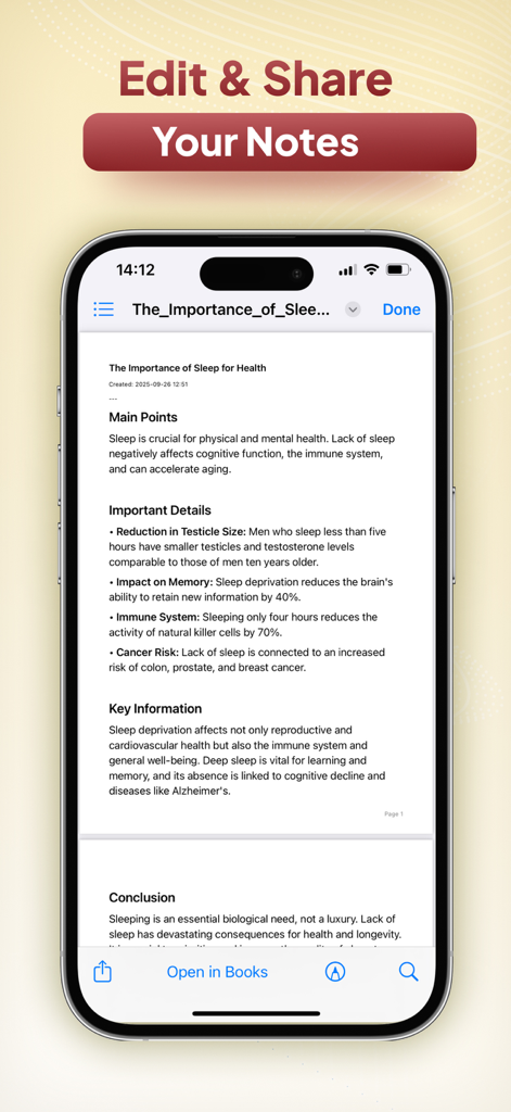 AI Note Taker - Smart Note - Screenshot of AI Note Taker app showing an organized note about the importance of sleep with sections for main points and details.