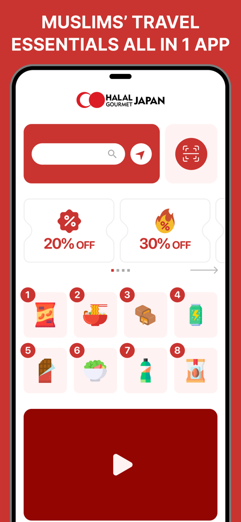 Halal Gourmet Japan - Halal Gourmet Japan app home screen showing restaurant search coupons and food categories