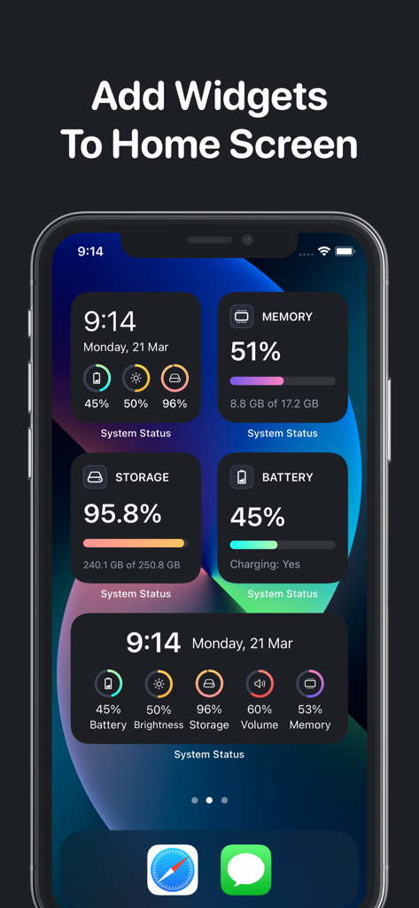 CPU Z: Device Monitor x Dasher - CPU Z app widgets on an iPhone home screen showing memory storage and battery status