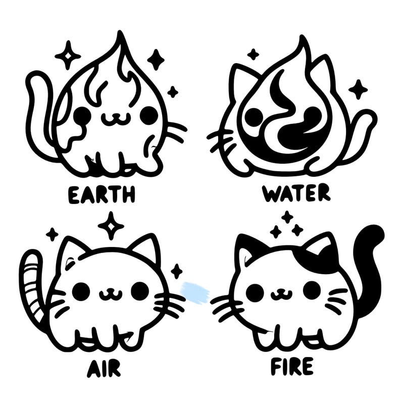 4 cats that represent the different elements, earth, water, air, and fire