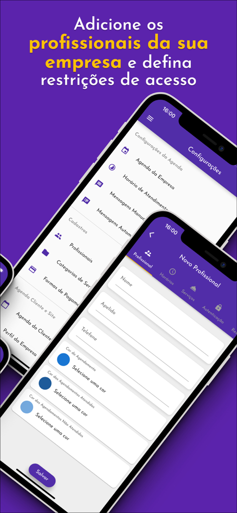 Tua Agenda: Para Profissionais - Mobile app interface showing the registration screen for new professionals and staff access settings in Tua Agenda.