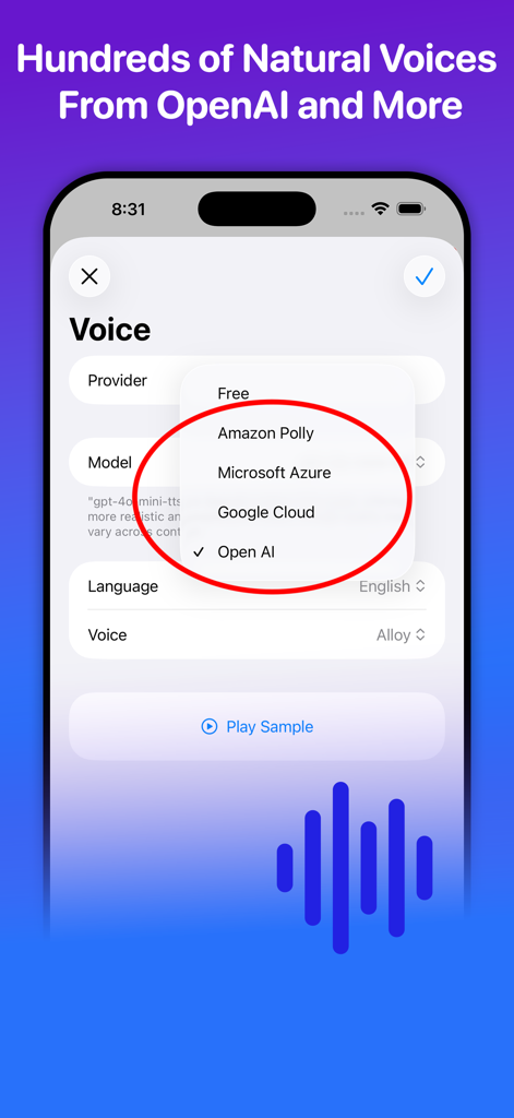 WebOutLoudアプリインターフェース。OpenAIやAmazon Pollyなどのプロバイダーからの自然な音声選択オプションを表示