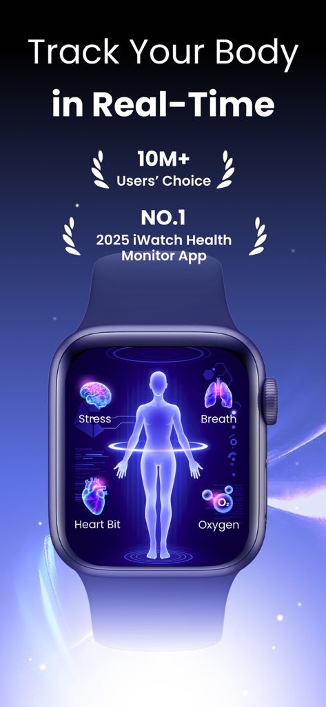 BodyWave: Health Tracker - BodyWave health tracker app on an Apple Watch showing real-time metrics for stress heart rate oxygen and breathing