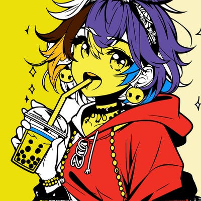 hot baddie anime girl drinking boba and biting the straw