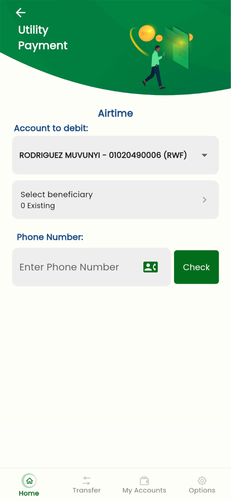 MyBOA - RWANDA - Pantalla de la aplicación bancaria móvil MyBOA Ruanda mostrando la interfaz de pago de servicios públicos de recarga de tiempo aire.
