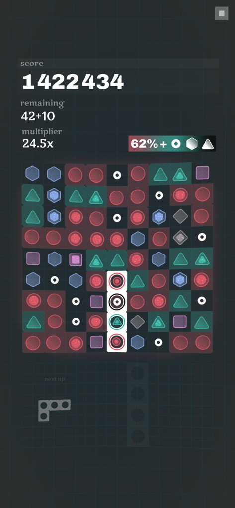 Kavel - Grade de quebra-cabeça minimalista com formas coloridas e exibição de pontuação alta no jogo Kavel