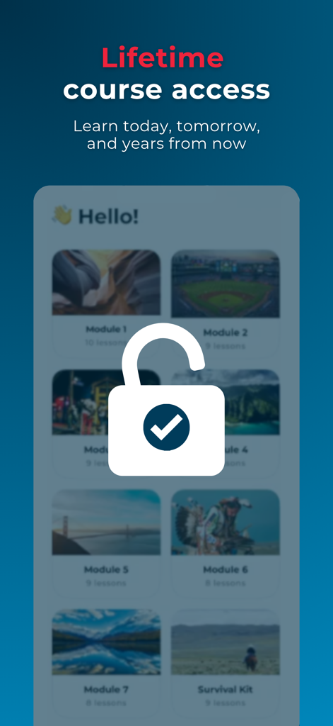 Rocket Languages - Rocket Languages app interface showing lifetime course access with unlocked modules
