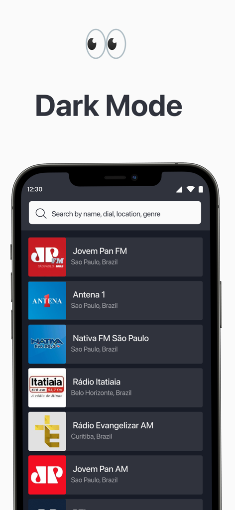 Rádio FM Brasil App Online - Radio FM Brasil app showing a list of radio stations in dark mode interface.