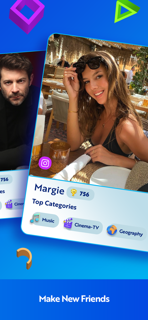 Quiz Crush: Trivia & Friends - User profiles on the Quiz Crush trivia app displaying names scores and top interests like music and cinema.