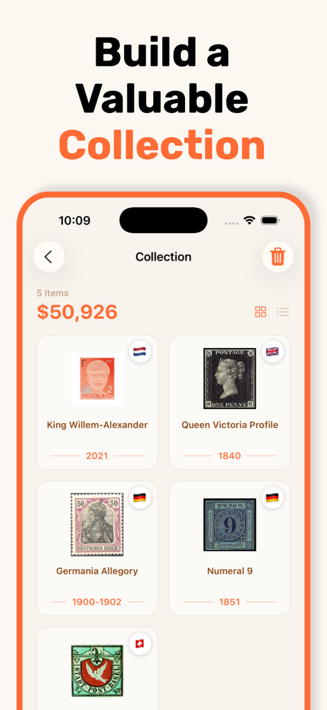 Stamp identifier - StampSnap - Digital stamp collection in the StampSnap app showing identified stamps and total estimated value