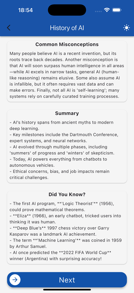 Learn AI (LA) - Una pantalla móvil de la aplicación Aprende IA que muestra datos históricos, conceptos erróneos comunes y un resumen de los hitos de la inteligencia artificial.