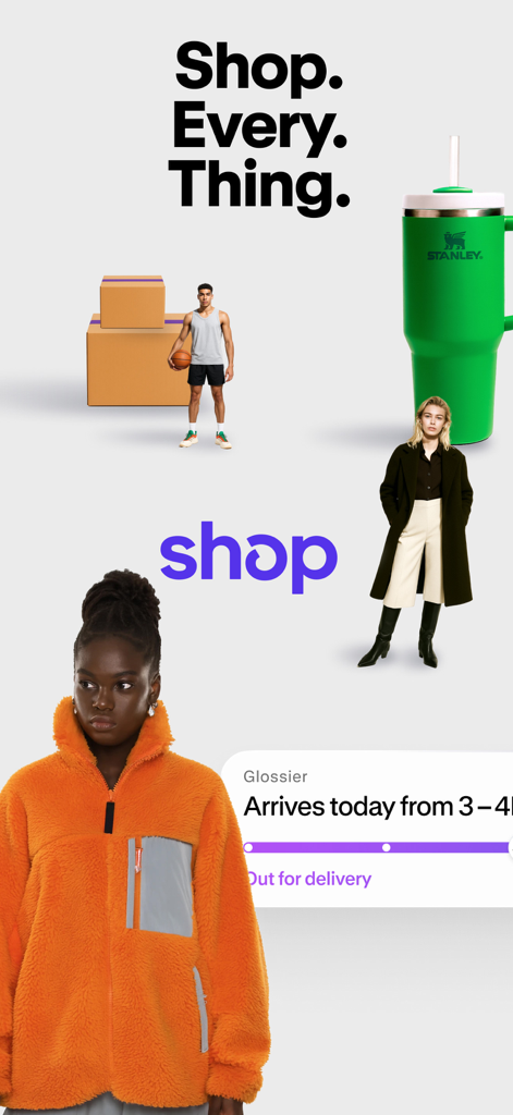 Gráfico promocional para a aplicação Shop apresentando produtos de estilo de vida, modelos de moda e uma atualização do estado de rastreamento de entrega.