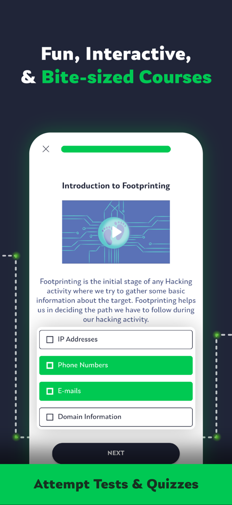 HackerX: Learn Ethical Hacking - Interactive ethical hacking quiz interface in the HackerX mobile app.