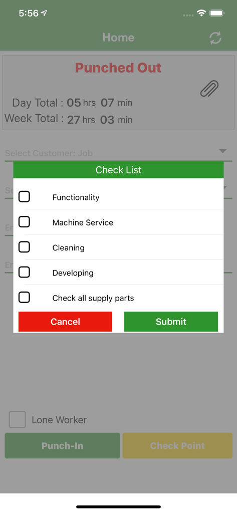 Mobile app screenshot showing a job site checklist with tasks like machine service and cleaning for field employees