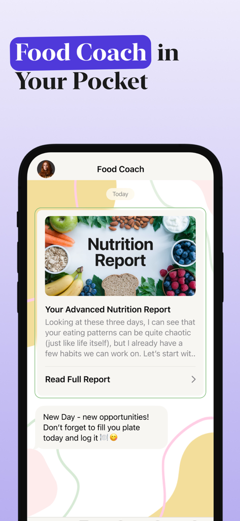 Eated app mobile screen displaying a personalized nutrition report card and an AI food coach chat interface.