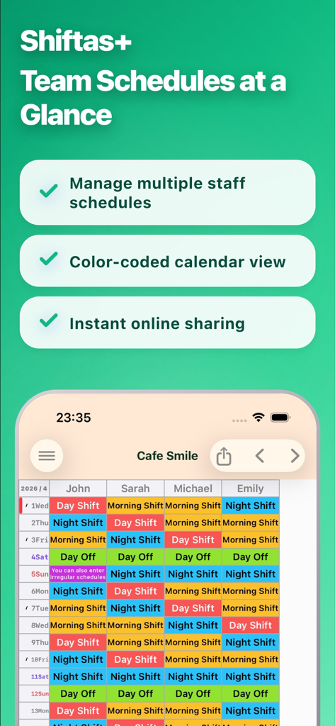 Shift management app! - Tela do aplicativo móvel mostrando turnos de pessoal codificados por cores e recursos de gerenciamento de escala da equipe