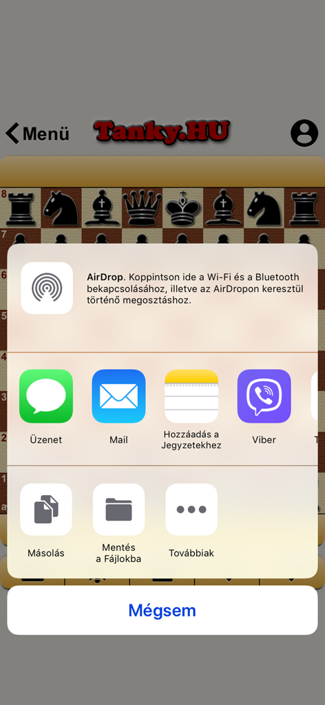 Share menu options displayed over a chess game in the Sakk mobile app