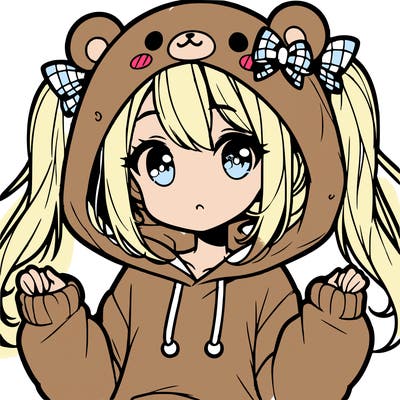 cute anime girl with ponytails and a cute bear hoodie