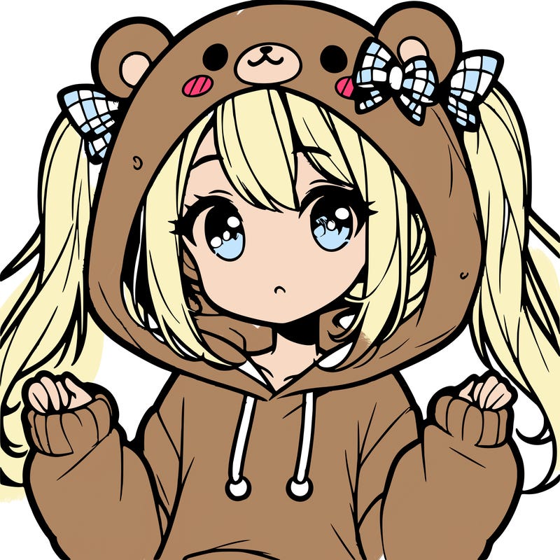 cute anime girl with ponytails and a cute bear hoodie