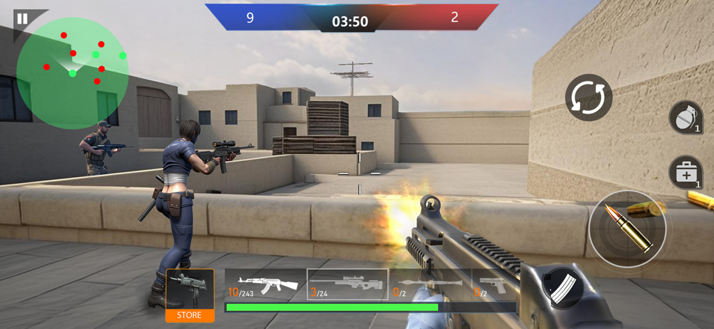 First person perspective of a shooting combat scene in a desert environment within the FPS Counter mobile game.
