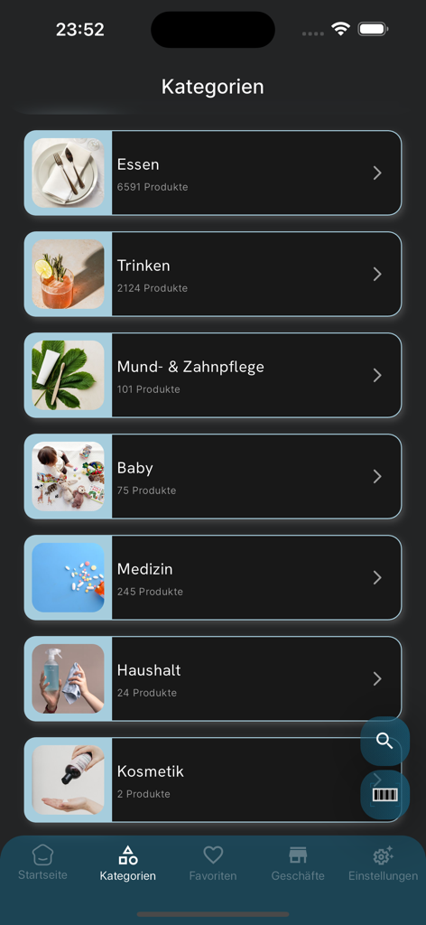 Schermata dell'app mobile HalalCheck che mostra le categorie di prodotti per alimenti, bevande e cosmetici