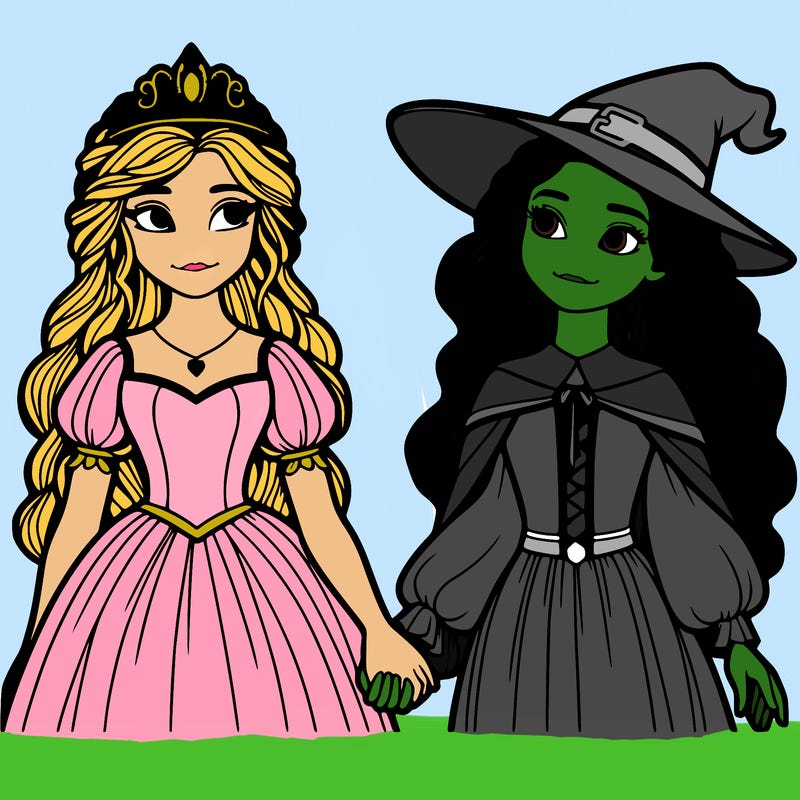a princess and a witch holding hands realistic