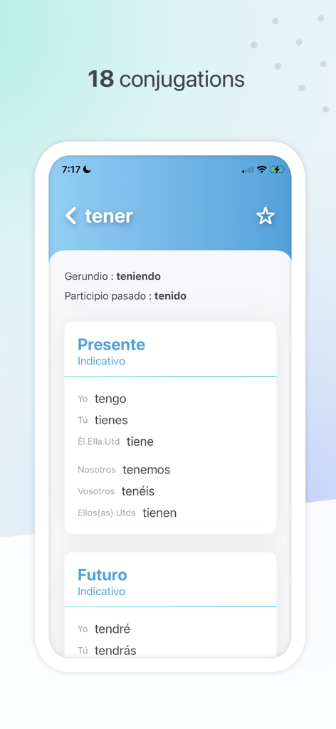 Verbos + - Interface do aplicativo Verbos plus mostrando a conjugação do verbo espanhol tener no presente do indicativo