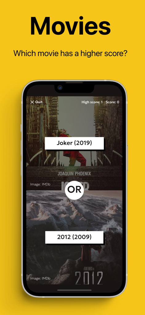 Una captura de pantalla móvil del juego 'Mayor o Menor' que muestra una trivia de comparación de puntuaciones de películas entre Joker y 2012.