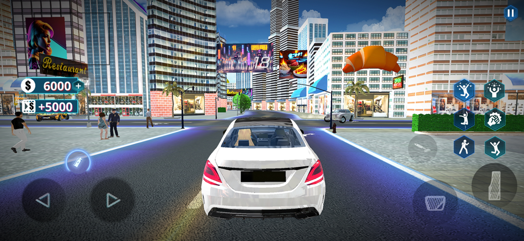 Grand Impact : The Anime Saga - Third-person driving gameplay in the open-world city of Grand Impact The Anime Saga featuring a white car and urban skyscrapers.