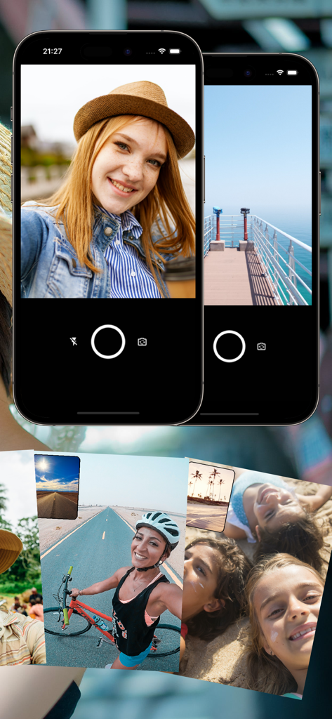 Interface of a dual camera app showing simultaneous front and back camera captures of people and scenery