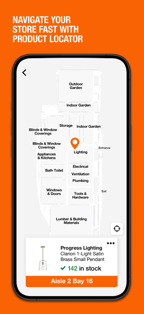 The Home Depot - Home Depot app screen showing an in-store map for finding products with specific aisle and bay location