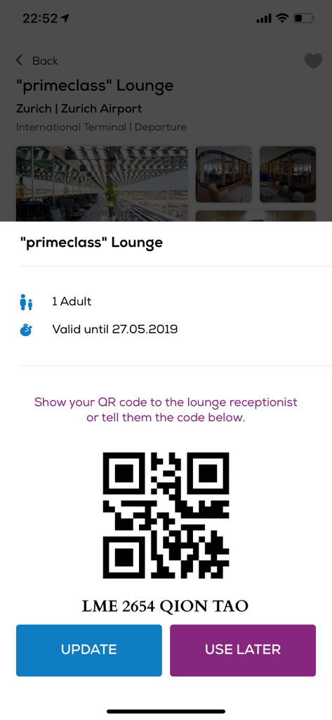 LoungeMe app screen showing a digital QR code for entry into an airport lounge