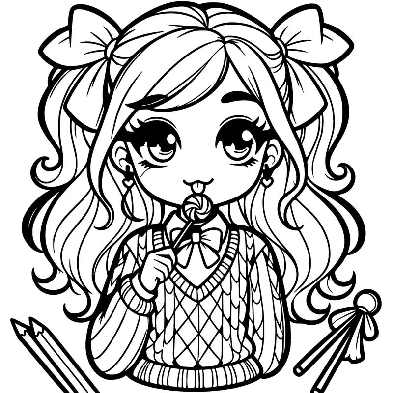 cute preppy teenage girl in a sweater eating a lollipop