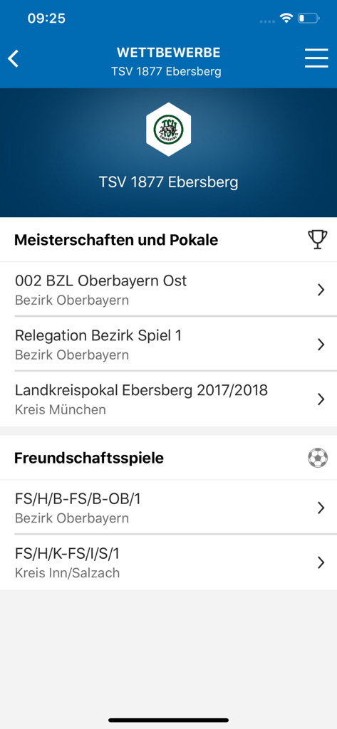 BFV-Team-App - BFV Team App competitions view displaying championship and friendly match lists for a Bavarian soccer team